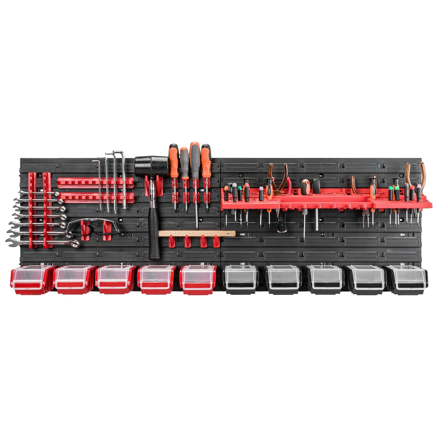 Storage System Wall Shelf 115 x 78 cm, Tool Holders, 23 Pieces Stacking Boxes Storage Boxes Extra Strong Wall Shelves Expandable Workshop Shelving Workshop Shelf
