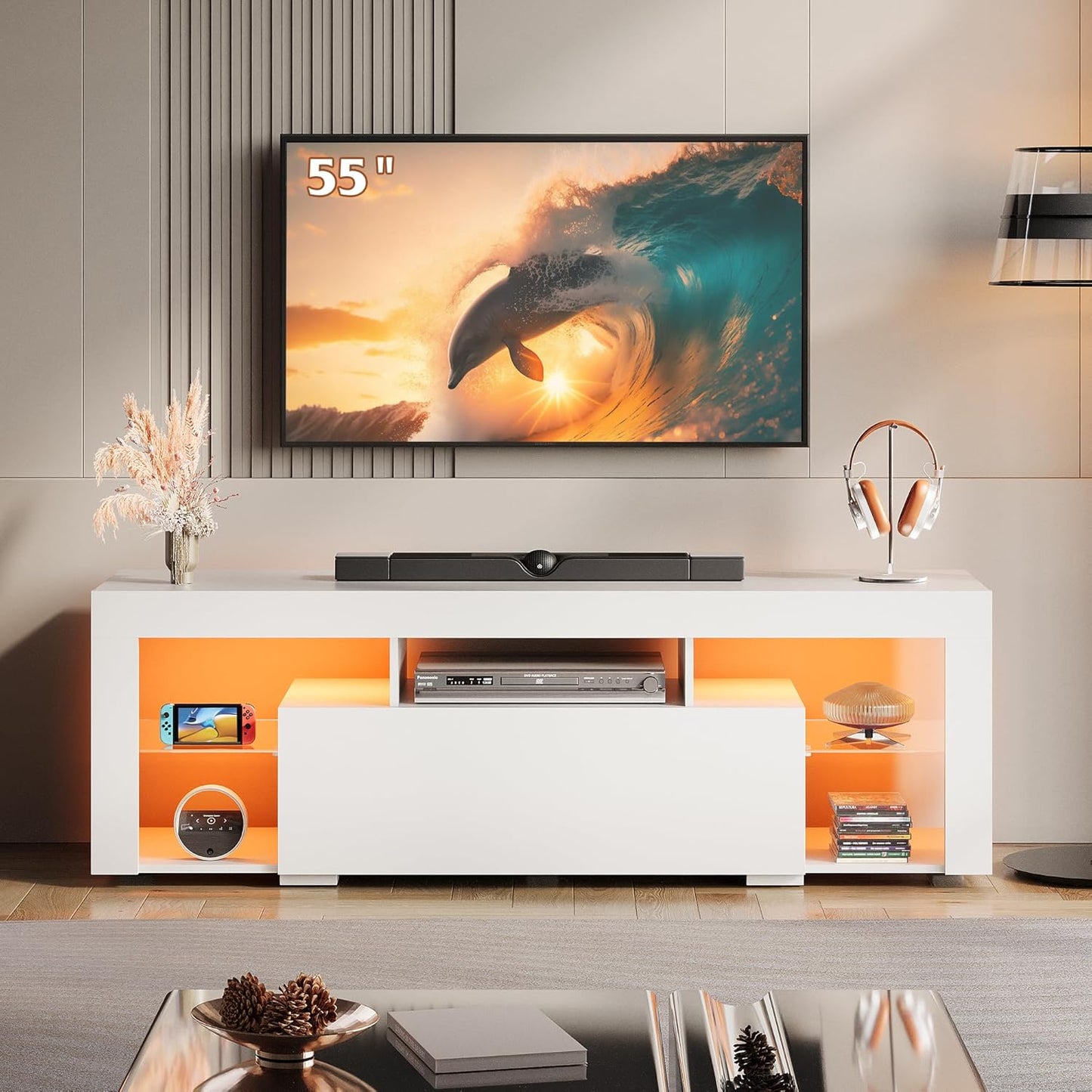 WLIVE 160 cm LED TV Cabinet, TV Cabinet, White TV Stand with LED for 50 55 60 65 70 Inch TV, 20 Colours RGB TV Cabinet for Living Room, Bedroom, Modern Wooden TV Bench with 2 Drawers
