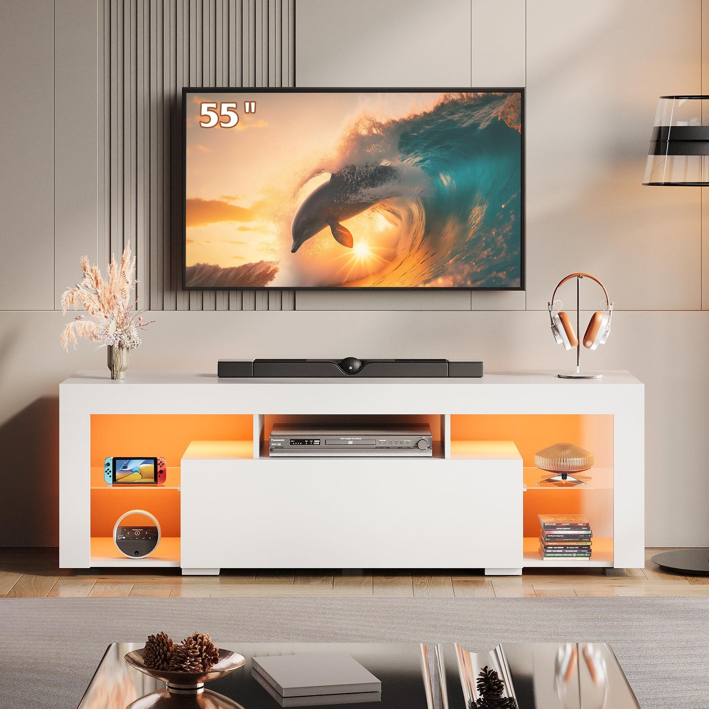 WLIVE TV Cabinet with LED, Lowboard Black for TVs up to 60 Inches, TV Stand for Living Room, 20 Colours LED Lighting, TV Cabinet with Open Storage Space and Drawers, Black