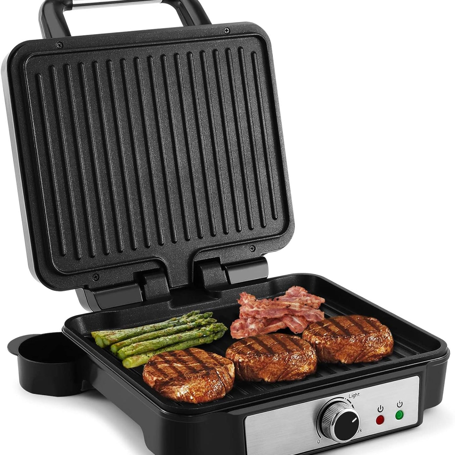 YASHE Contact Grill, 4 Slices Panini Grill Non-Stick Coated Plates, 1800 W Toaster Sandwich Toaster with Temperature Control, Indicator Light, Opens 180 Degrees, Removable Drip Tray, Black