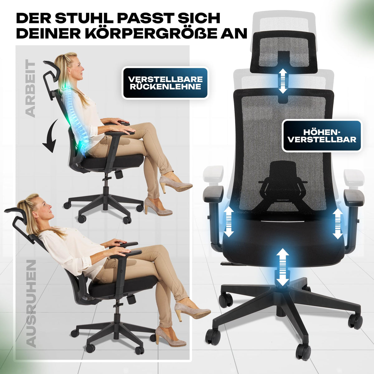 M2 Ergonomic Office Chair, Test Winner with Adjustable Armrest without Headrest for Maximum Freedom of Movement, Back-Friendly, Comfortable Desk Chair for Office and Home Office Chair