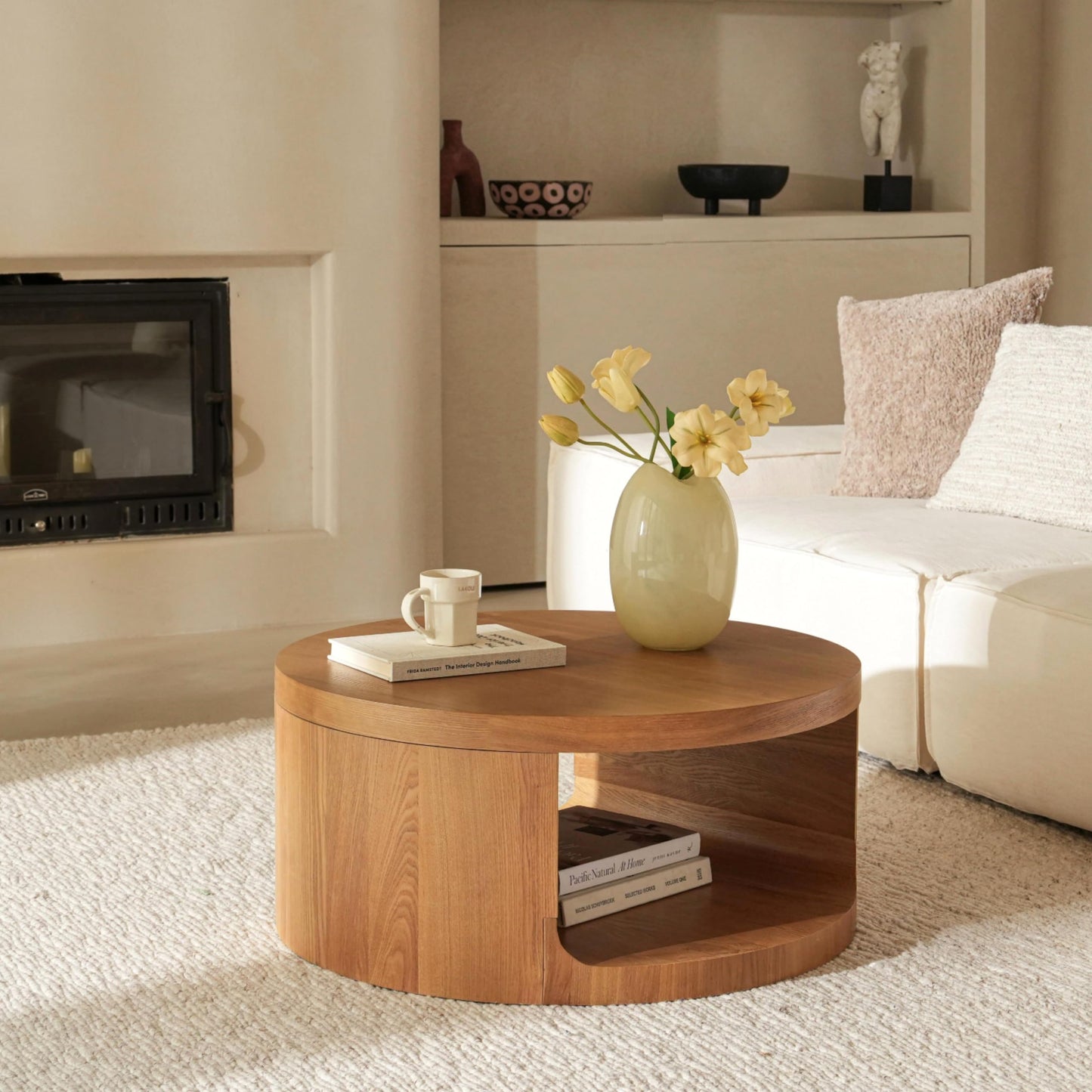 Round Wooden Coffee Table, Living Room Table with Large Storage Space, Coffee Table No Assembly Required, Modern Sofa Table for Living Room, Bedroom, Diameter 80 x 36 cm, Coffee Table (Black)