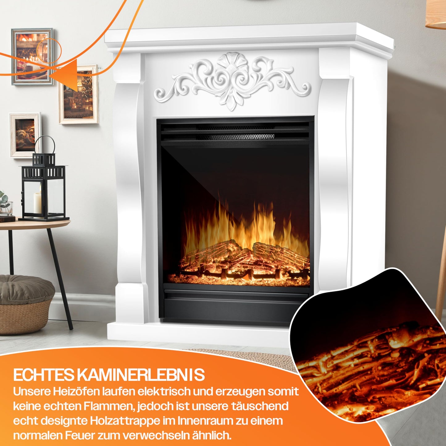 KESSER® Electric Fireplace with LED 3D Flame Effect, Heating Function, 1,800 W Power, Timer, Thermostat, Remote Control, Dimmable, Natural/Brown