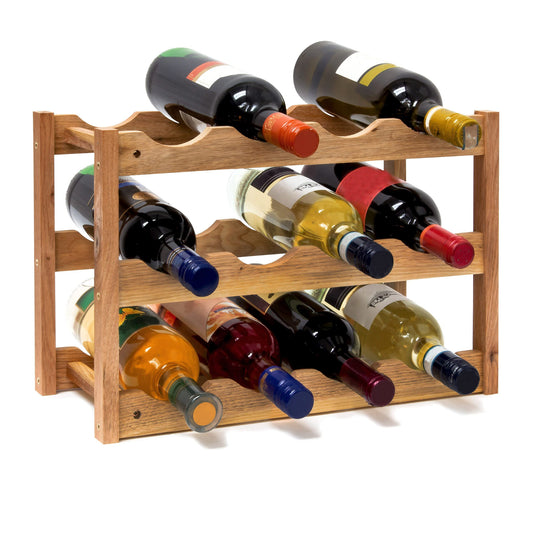 Relaxdays Free Rack: 28 x 42.5 x 21 cm Wooden Stand with Three Shelves for 12, Small Wine Bottle Holder Made Out of Oiled Walnut for Horizontal Storage, Wood, Natural Brown, 42 x 21 x 28 cm