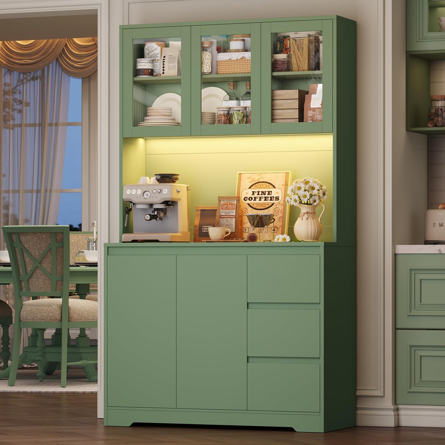 FirFurd Kitchen Cabinet Buffet Cabinet with LED Sideboard for Kitchen with Power Strip Kitchen Cabinet with Worktop and 3 Drawers Kitchen Buffet with Adjustable Shelf 180 x 100 x 38.5 cm (Black)