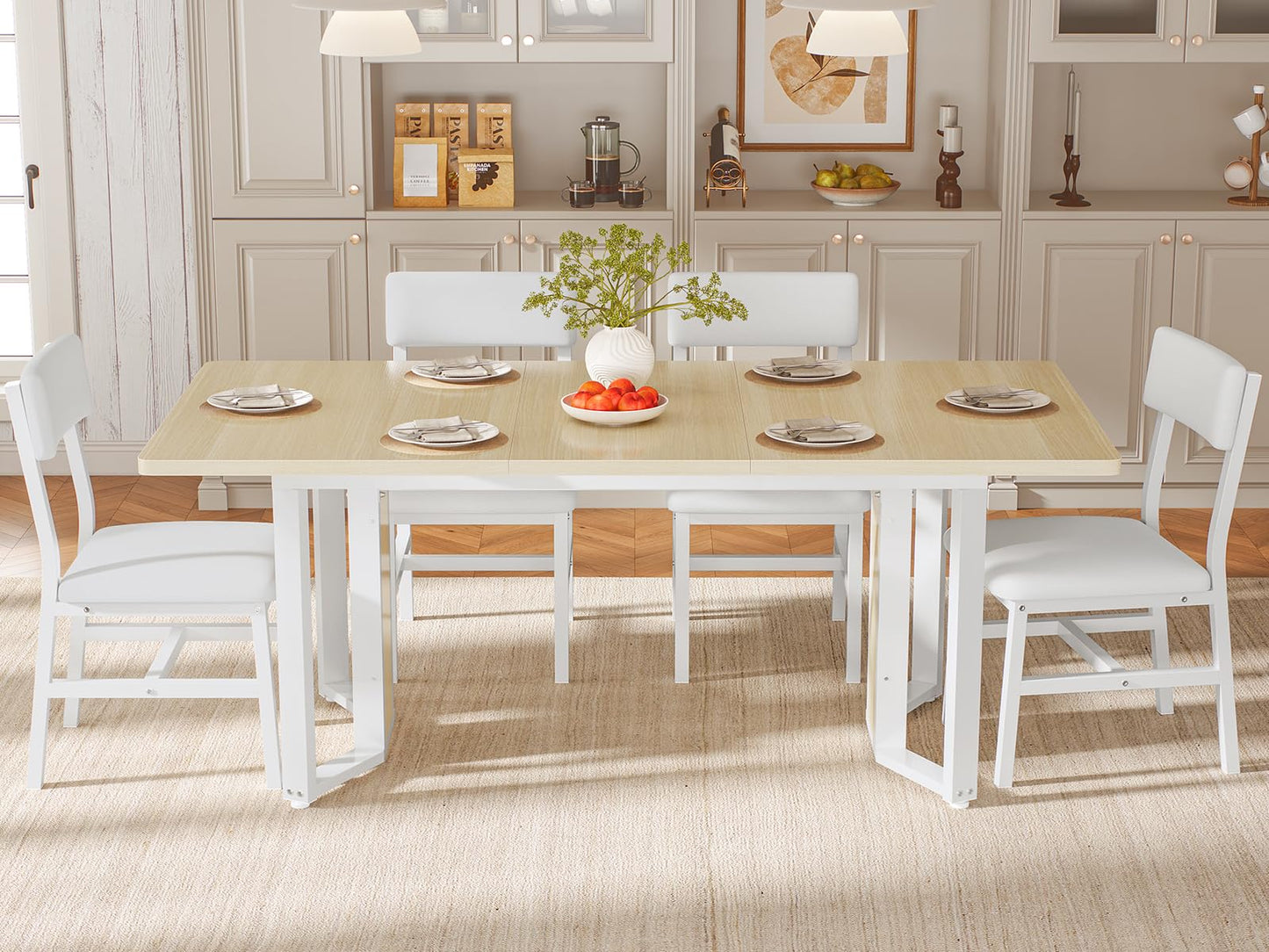 Itaar 5-Piece Dining Table Set for 4-6 People, 63" Extendable Kitchen Table and 4 Cushion Chairs, Dining Room Table with MDF Board & Metal Frame for Small Space, Easy Clean, Brown