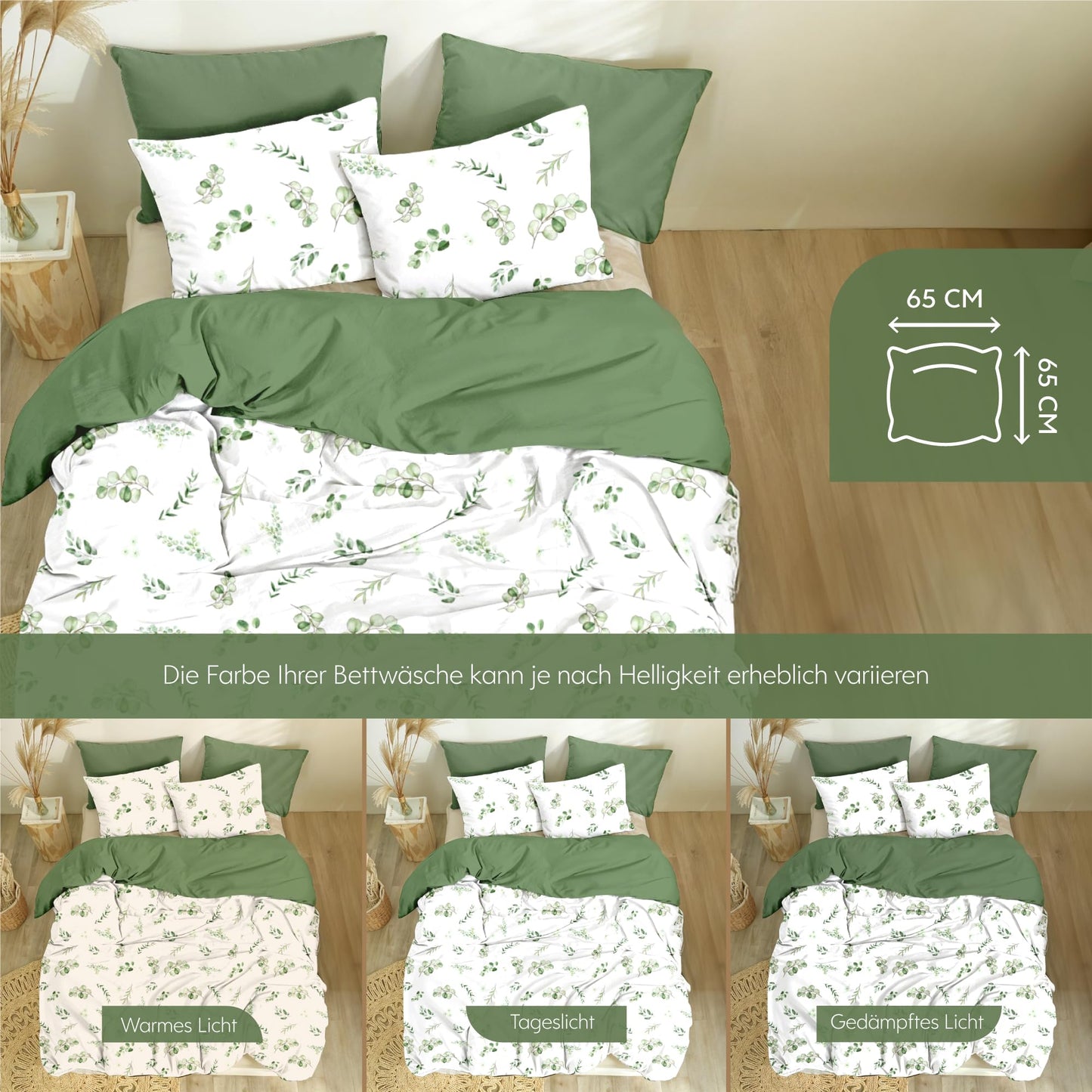Dreamzie Bed Linen Set 155 x 220 cm with 2 Pillowcases 80 x 80 cm, Botanic Motif Sage Green, Adult Bed Linen, 155 x 220 cm, Made of 100% Microfibre, Certified, No Chemicals (OEKO TEX)