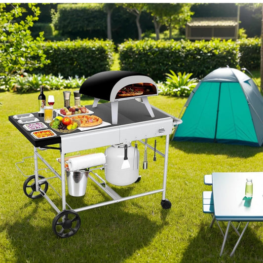 GFTIME Improved Pizza Ovens Grill Trolley for Koda/Karu/Fyra 16 & 12, 128 x 64 x 78 cm Rolling Kitchen Trolley, Serving Trolley Grill Stand for Ninja Woodfire, Blackstone Griddle, Trolley for Weber Q