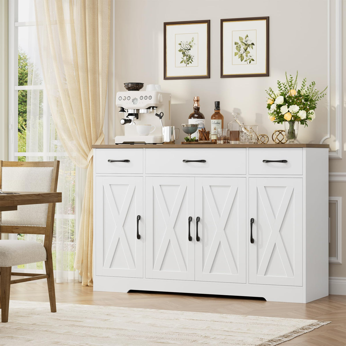 HOCSOK Sideboard, 140 cm Wide Kitchen Cabinet with 2 Adjustable Shelves, Buffet Cabinet with 3 Drawers 4 Doors, Kitchen Buffet for Living Room, Kitchen, Hallway, White & Brown