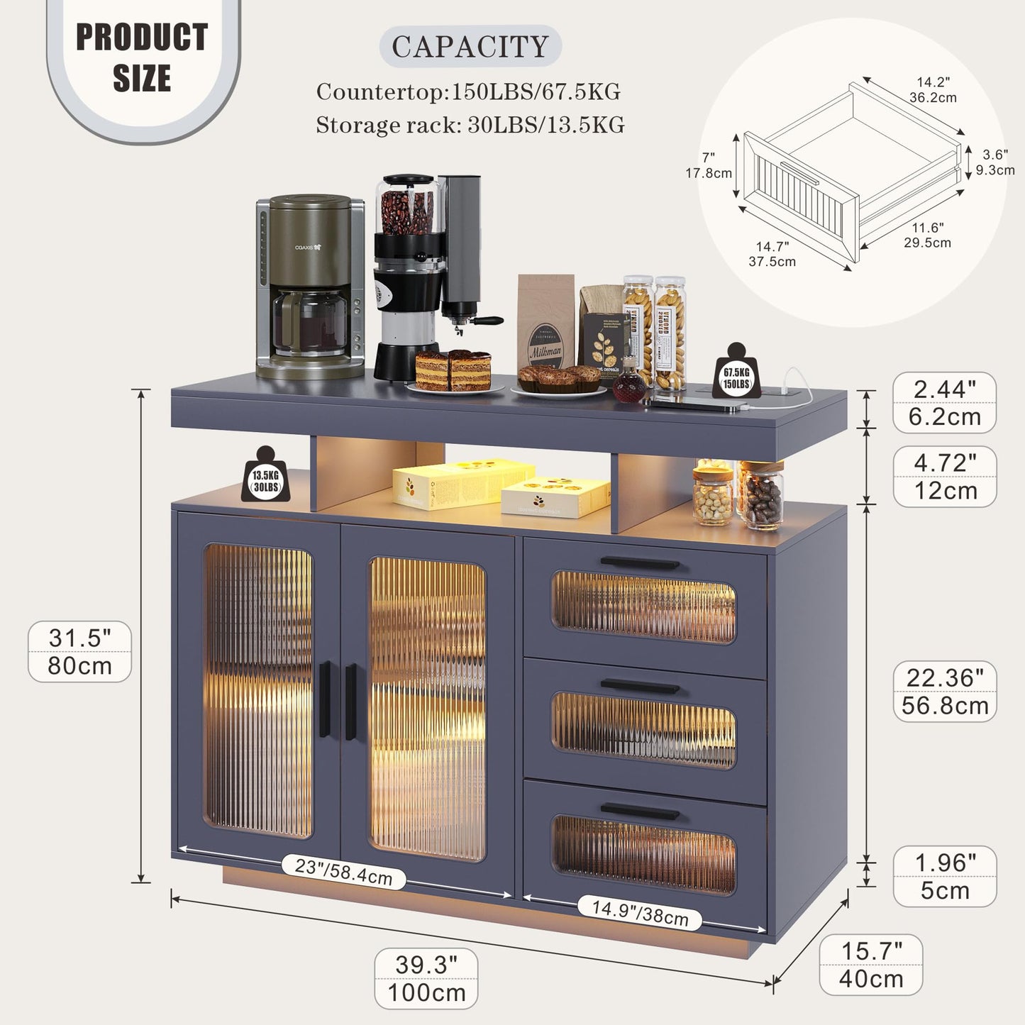 FREDEES RGB Kitchen Cabinet with Charging Station & LED Lighting, Sideboard Buffet Cabinet with Storage Space for Kitchen and Dining Room, Grey