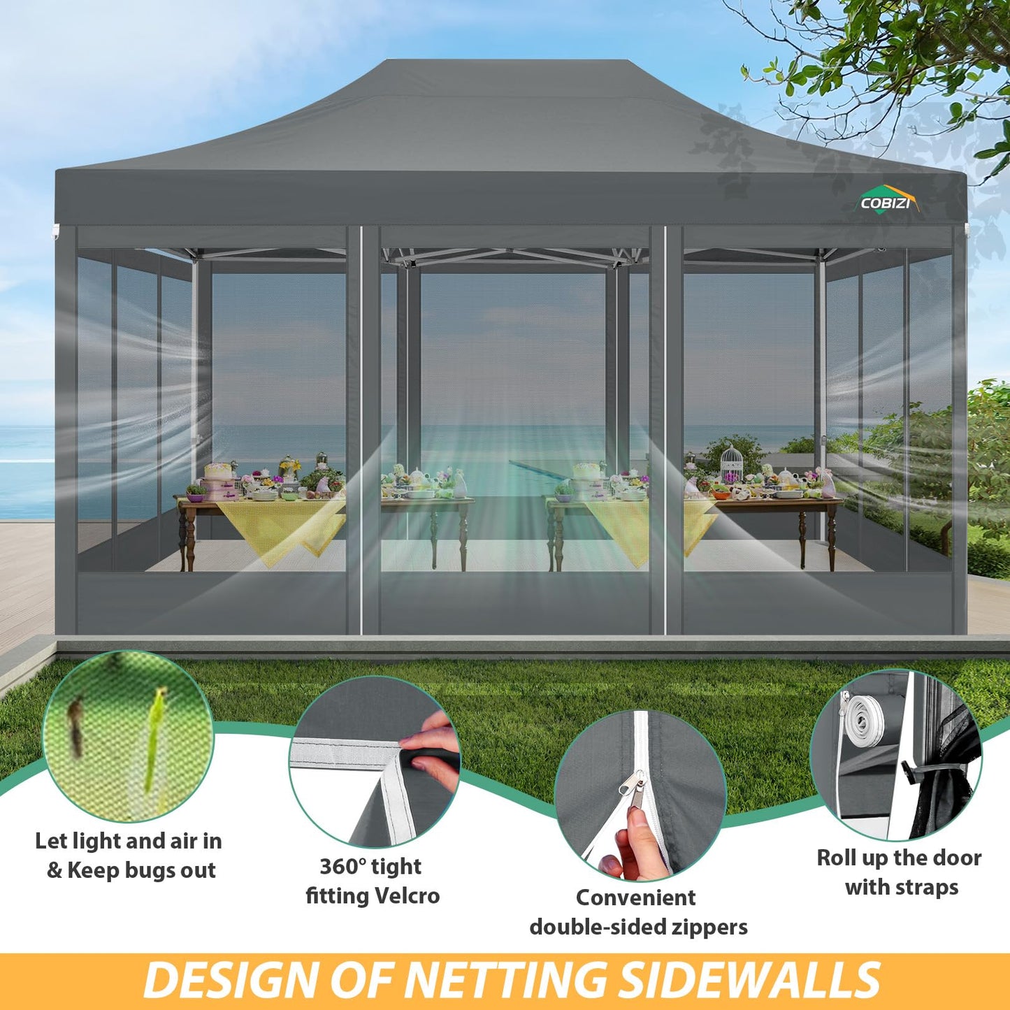 COBIZI Pavillon 3x3 Faltpavillon 3x3 Wasserdicht Stabil, Partyzelt Gartenpavillon UV-Schutz mit 4 Seitenwänden aus Mesh, Schwarz