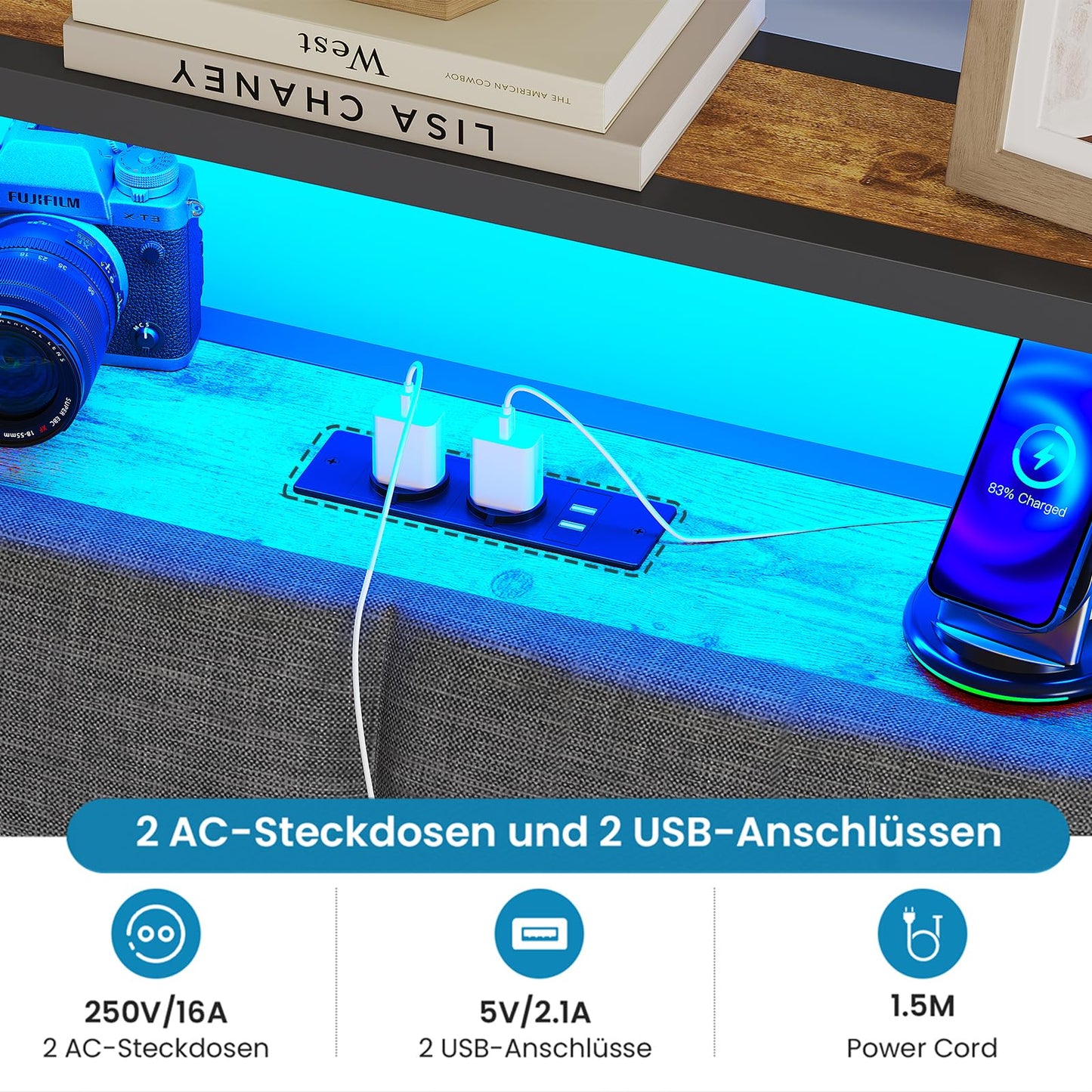 Brinlawb Bed 180 x 200 cm with Metal Slatted Frame, Double Bed 180 x 200 cm with LED Lighting, Bed Frame 180 x 200 cm Bed with Headboard and Charging Station (2 AC Sockets, 2 USB Ports), Modern, Grey