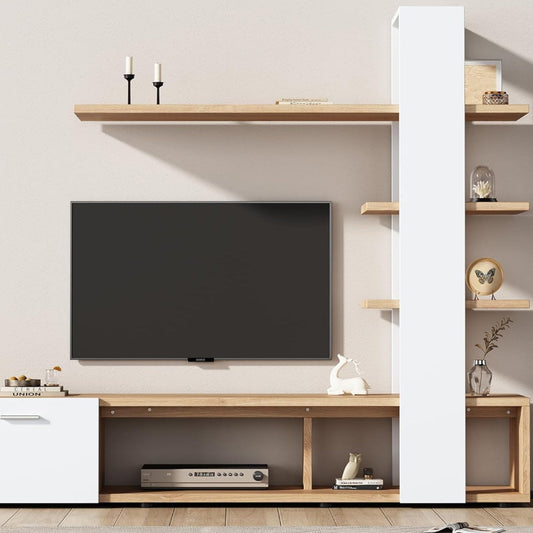 soges Modern Living Room Wall Cabinet 180 x 33.5 x 151.5 cm, Suitable for TVs up to 60 Inches, TV Cabinet in Oak White, Lowboard Living Room Furniture Set