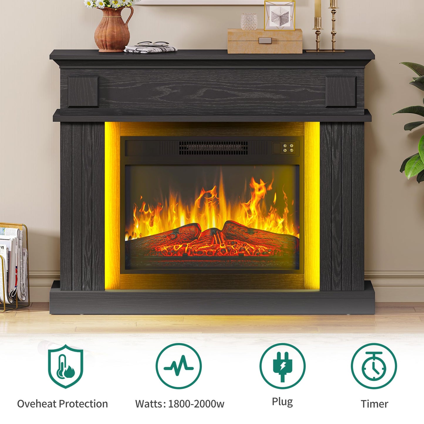 YITAHOME Electric Fireplace, 23 Inch Realistic 3D Flame Effect, Heat-Free Standing Electric Fireplace with Timer and 24-Colour LED Light Strip and Remote Control