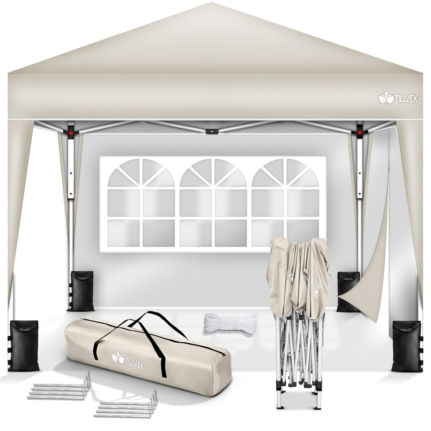 tillvex Gazebo 3 x 3 m Waterproof with 4 Side Panels + Set of 4 Sandbags Pop-Up Folding Gazebo Stable & Height Adjustable Garden Tent UV Protection 50+ Party Tent with Bag for Garden, Grey