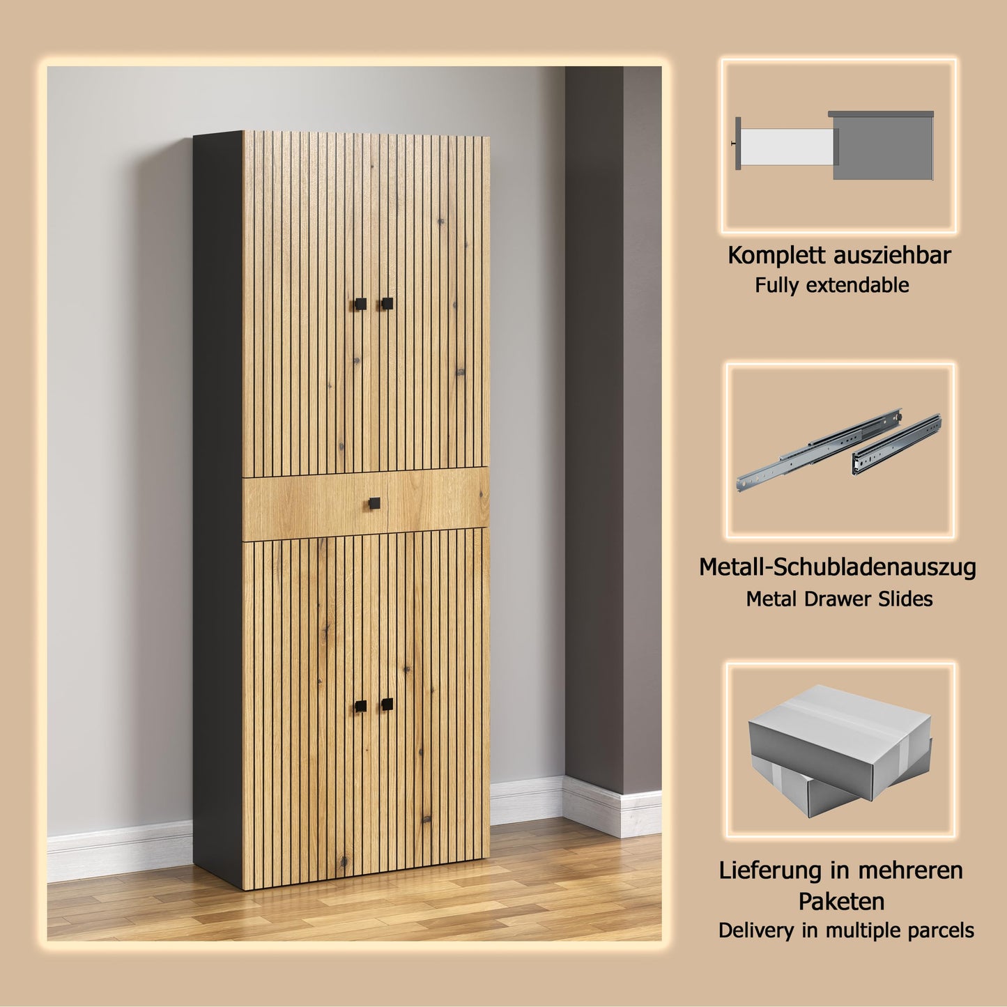 trendteam smart living - PureBliss - Hochschrank - Eiche - Badezimmerschrank in moderner Rillenoptik - edle Metallgriffe - (BxHxT) 40 x 186 x 31 cm - 2 praktische Einlegeböden - kratzfest