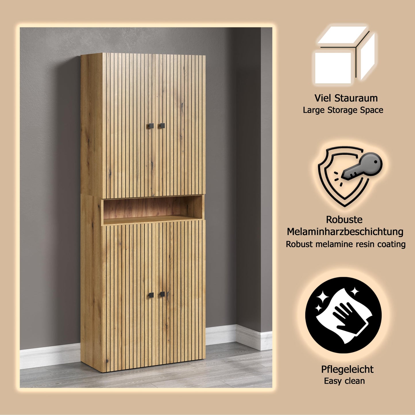 trendteam smart living - PureBliss - Hochschrank - Eiche - Badezimmerschrank in moderner Rillenoptik - edle Metallgriffe - (BxHxT) 40 x 186 x 31 cm - 2 praktische Einlegeböden - kratzfest