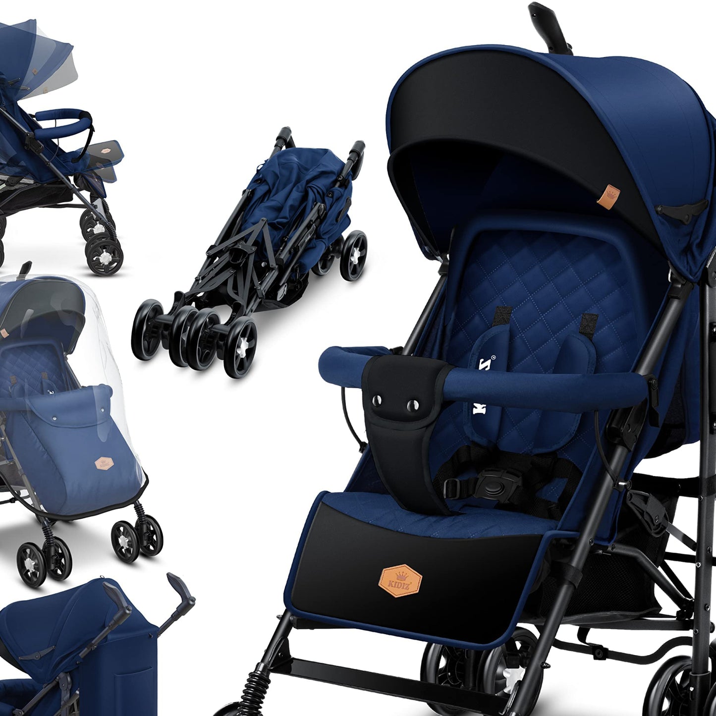 KIDIZ® City-Pro Pushchair Folding Pushchair Pushchair Sports Pushchair Foldable 360° 6 Inch Wheels Includes Mosquito Net, Footmuff and Rain Cover Foldable Sleep Function Blue