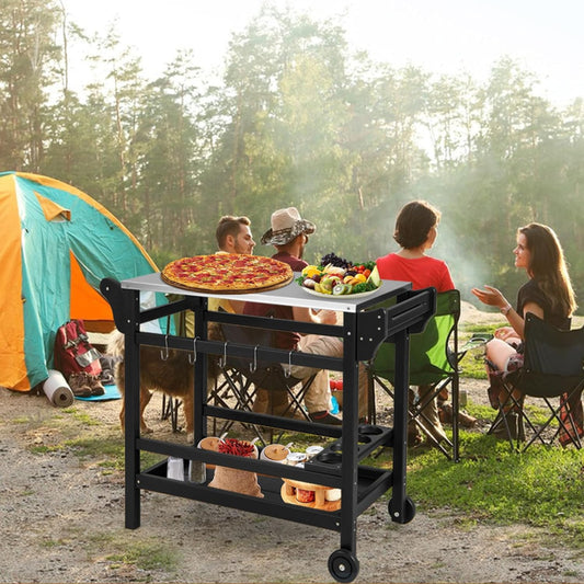 KOMFOTTEU Barbecue Trolley Grill Table with Stainless Steel Worktop, Garden Trolley Made of HDPE, Serving Trolley with Spice Tray, Wine Bottle Rack & Hooks, Grill Trolley, Kitchen Trolley for Outdoor