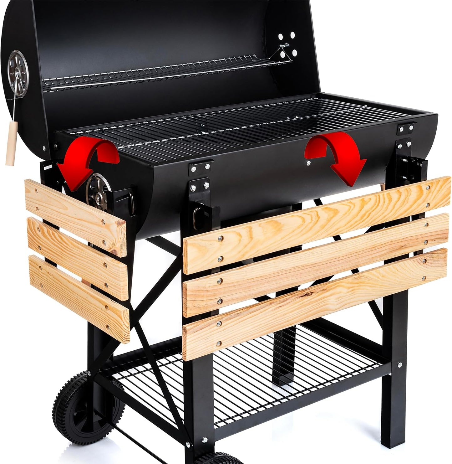 Lehmann LGACG-1935 Charcoal Grill with Grill XL Lid and Wheels, Grill Trolley with Two Wooden Shelves and Non-Warming Handle, Charcoal Grill for Garden, Patio, Camping