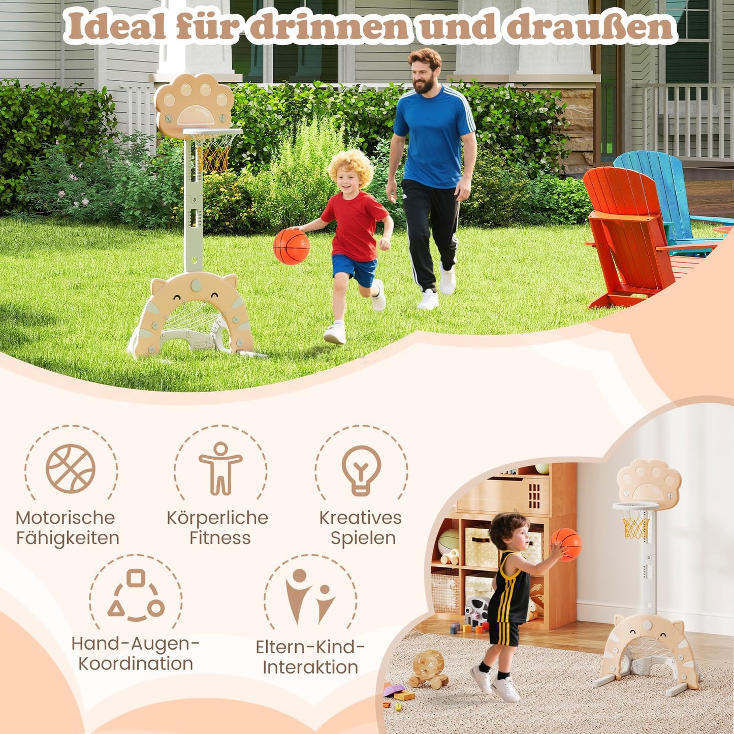 COSTWAY 3-in-1 Children's Basketball Hoop, Basketball Stand with Basketball & Football & Golf Game, Indoor Outdoor Basketball Game with Adjustable Height & Foldable Basket, for Children from 3 Years