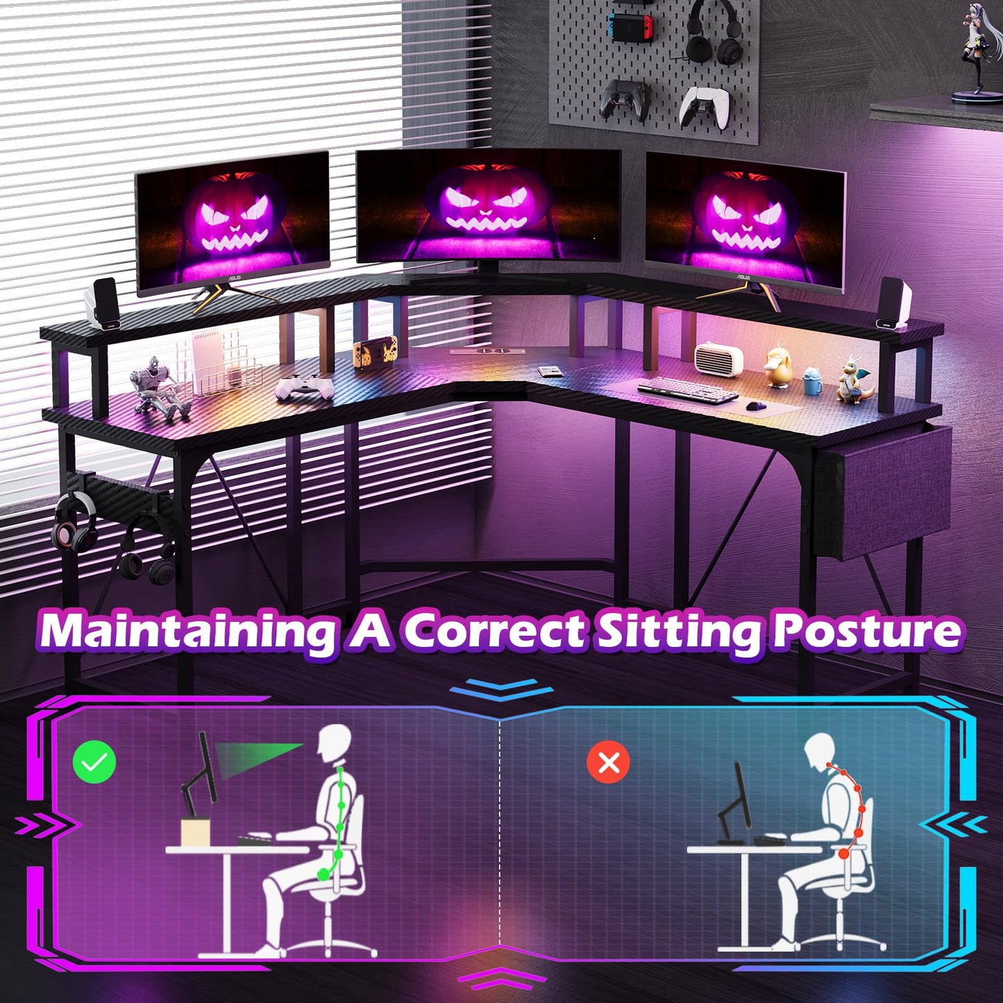 Devoko 153x153 cm Gaming Schreibtisch mit LED, groß Gaming Tisch L Form mit 2 Steckdosen und 2 USB Ladeanschluss, Eckschreibtisch PC Tisch mit großzügiger Monitorablage, Kohleschwarz