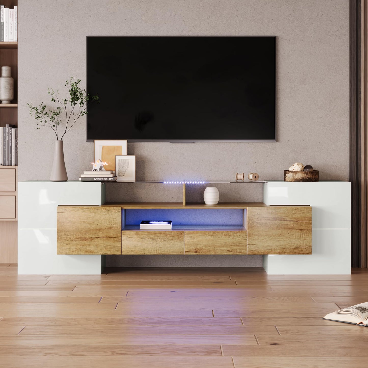 TV Cabinet, TV Stand with 2 Lockers, 200 cm Long, Adjustable Shelves, High Gloss LED TV Lowboard for Living Room Furniture and Dining Room, Bedroom