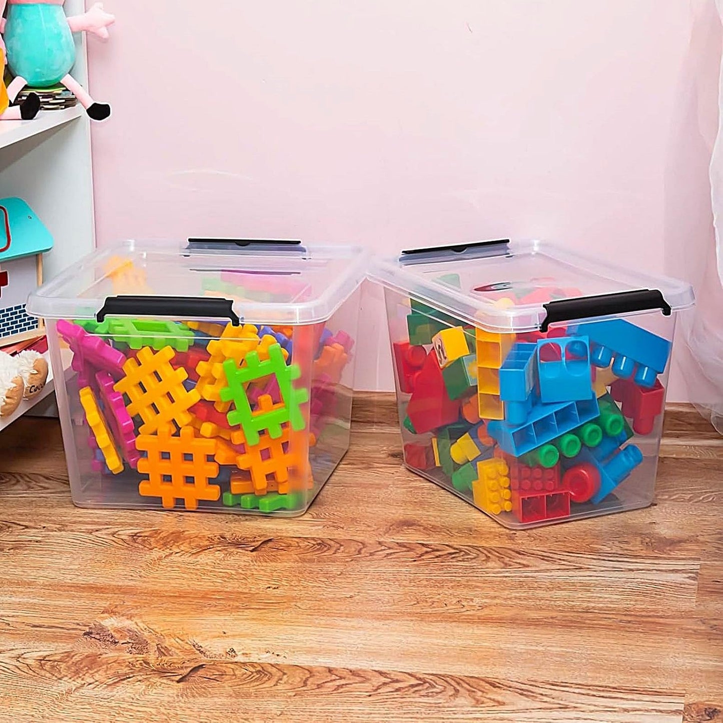 astor24 Storage Box with Lid - Transparent Organiser 40 L - Food Safe - Stackable. Ideal for Office, Children's Room, Clothes Boxes - Kitchen - Workshop