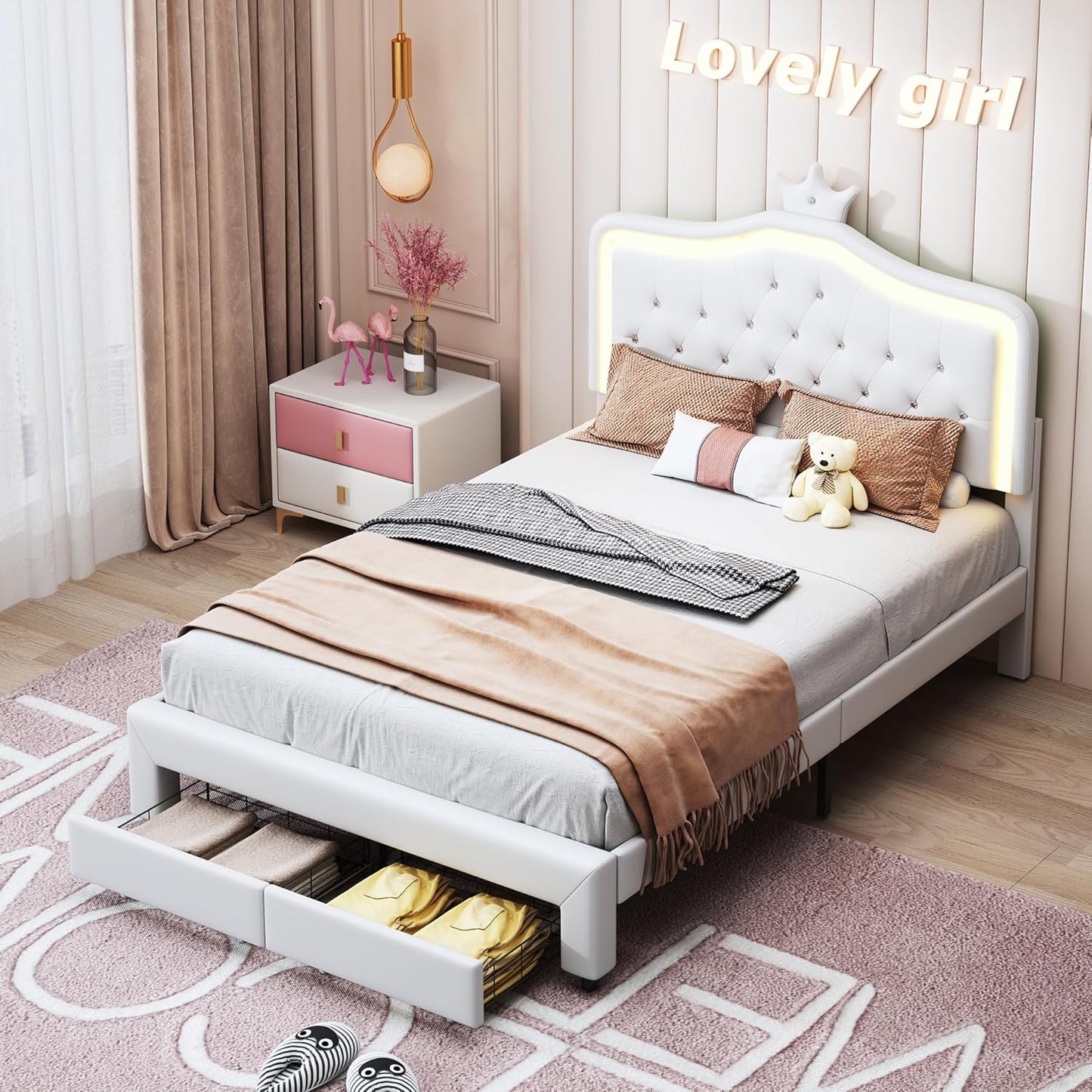 Upholstered Sofa Bed 140 x 200 cm, with Ambient Light and USB Connection, Children's Bed with Slatted Frame, Functional Bed, Teenager's Bed, Lambswool Material, Pink