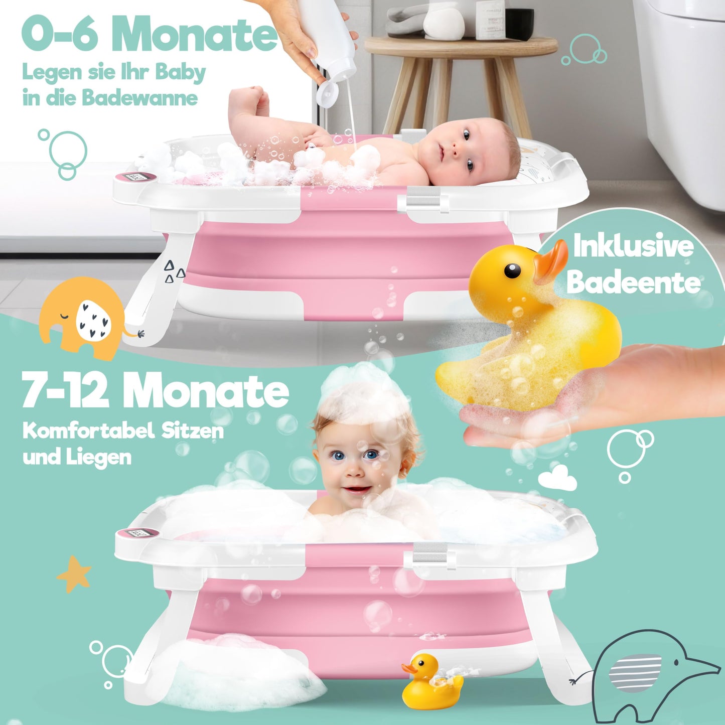 KIDIZ® Baby Bathtub, Baby Bathtub, Space-Saving & Foldable, Bath Tub, Shower Tray for Newborns, Toddlers, 0-24 Months, Portable Travel Shower for Babies, Ergonomic Bathtub with Thermostat and