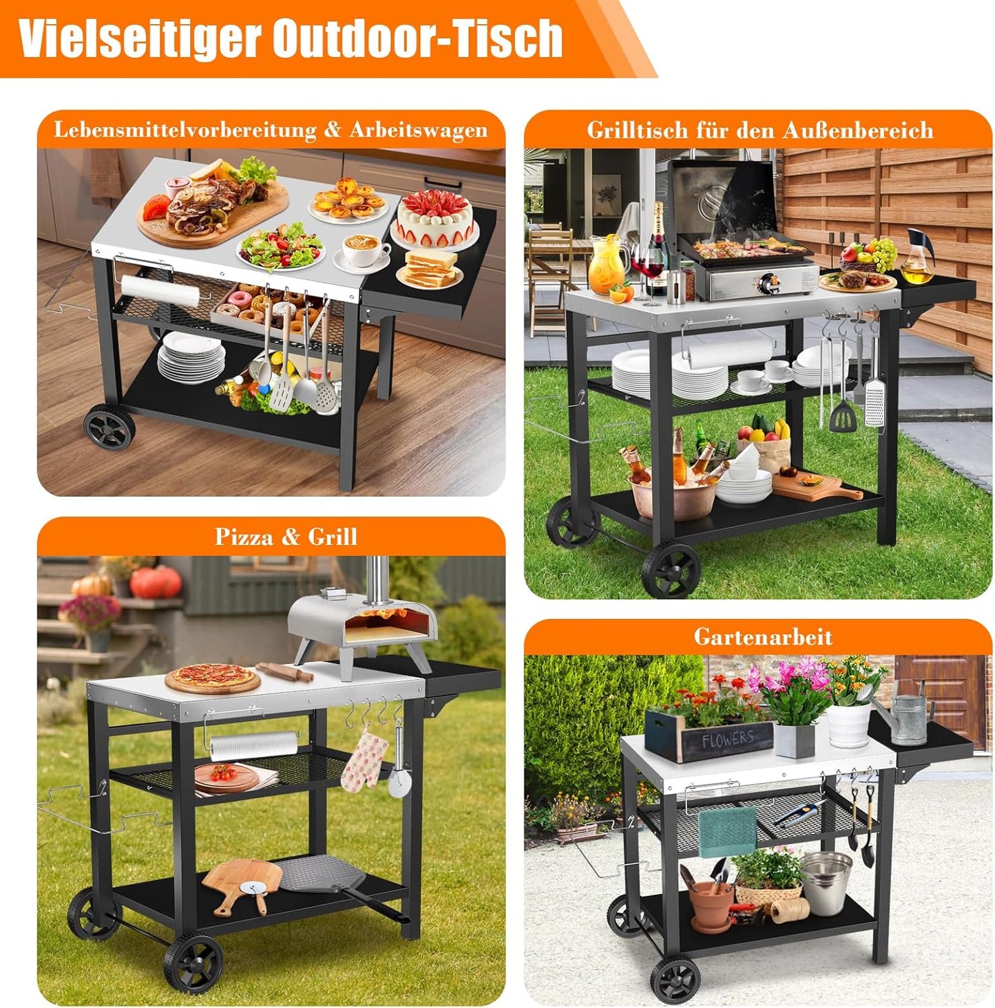 Denmay Stainless Steel Grill Table Grill Trolley 116 x 54 cm with 3 Levels, Pizza Oven Stand, Grill Table for Outdoor Use, Work Trolley with 4 Hooks, Outdoor Serving Trolley Side Table, Kitchen