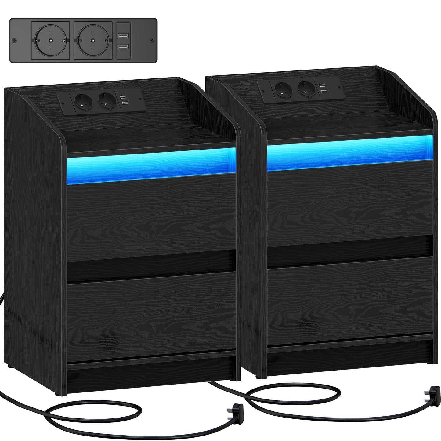 Hzuaneri Bedside Tables Set of 2 LED Lights, Charging Station and 2 Drawers, Side Table with USB Ports & Sockets, Stylish and Versatile, for Living Room and Bedroom, Black NS30104X