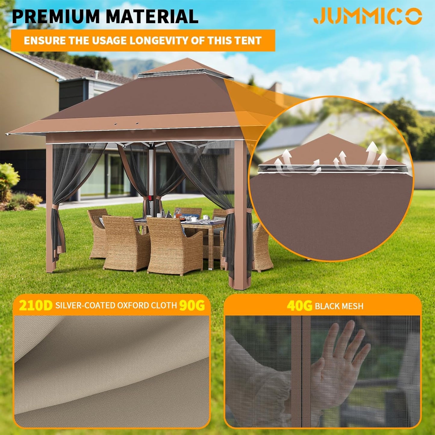 JUMMICO Pop Up Gazebo 3.24 x 3.24 Waterproof Stable Winterproof with 4 Mosquito Net Side Panels Folding Gazebo UV Protection 50+ Double Roof Gazebo for Patio Family Reunions, Brown