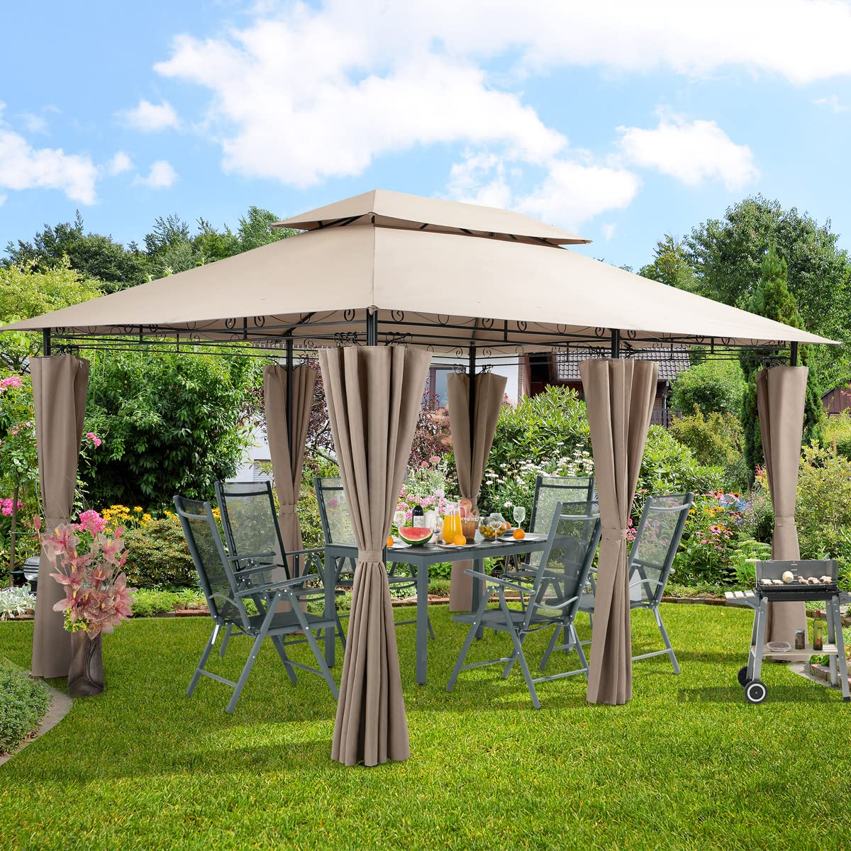 Casaria® Pavillon Topas 3x4m Metall Wasserabweisend UV-Schutz 50+ mit Seitenteile Stabil Gartenpavillon Luxus Modern Taupe