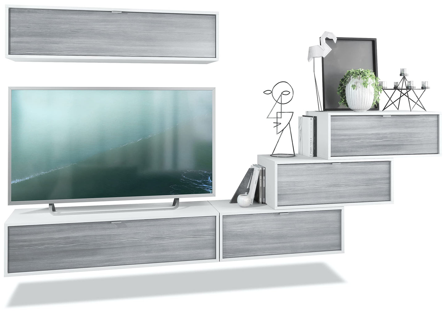 Vladon Lana V1 Wall Unit Made of 5 Hanging Elements with 12 Compartments, Made in Germany, Body in Matte White, Fronts in Bordeaux High Gloss, Large Choice of Colours