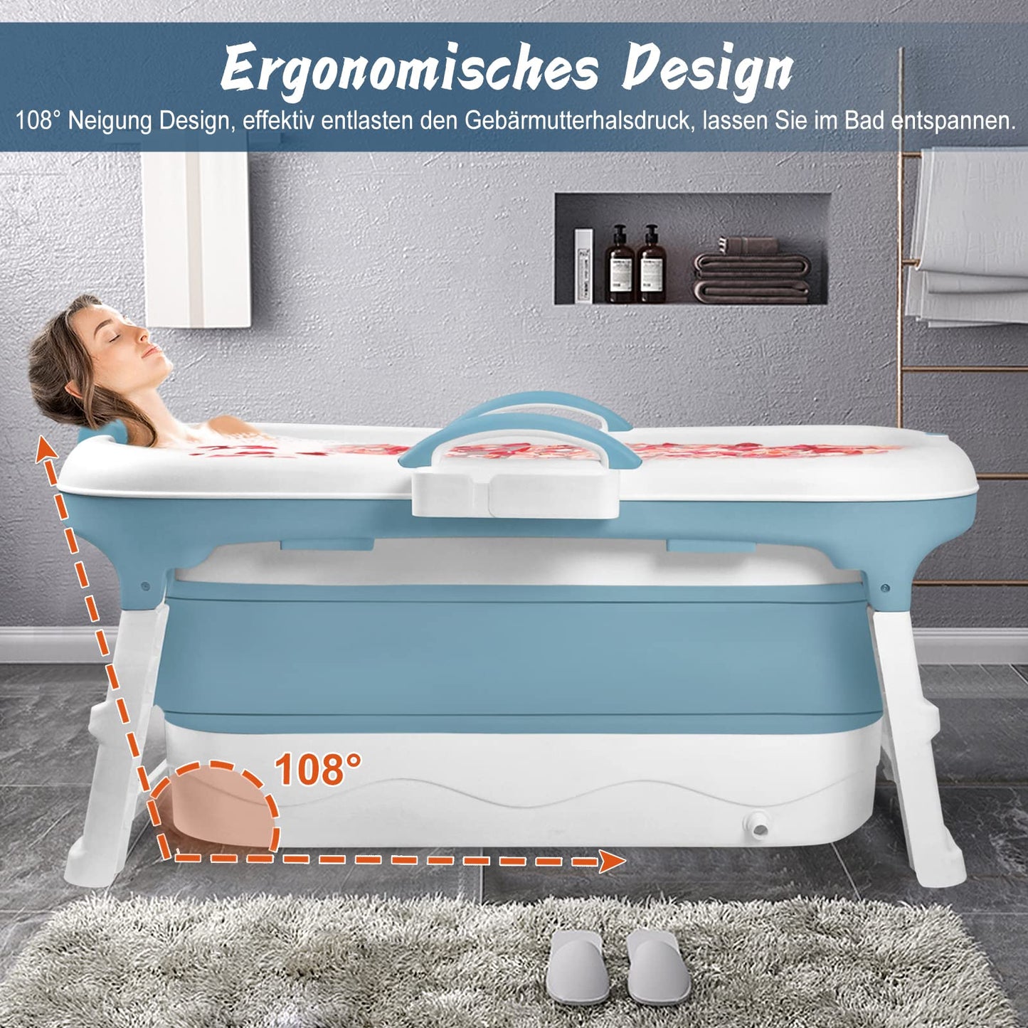 LARS360 Foldable Bathtub, Adult, Travel Bathtub, Folding Bathtub with Removable Cover, Soap Basket, Massage Rollers, Mobile Bathtub for Small Bathroom (118 x 62 x 53 cm)