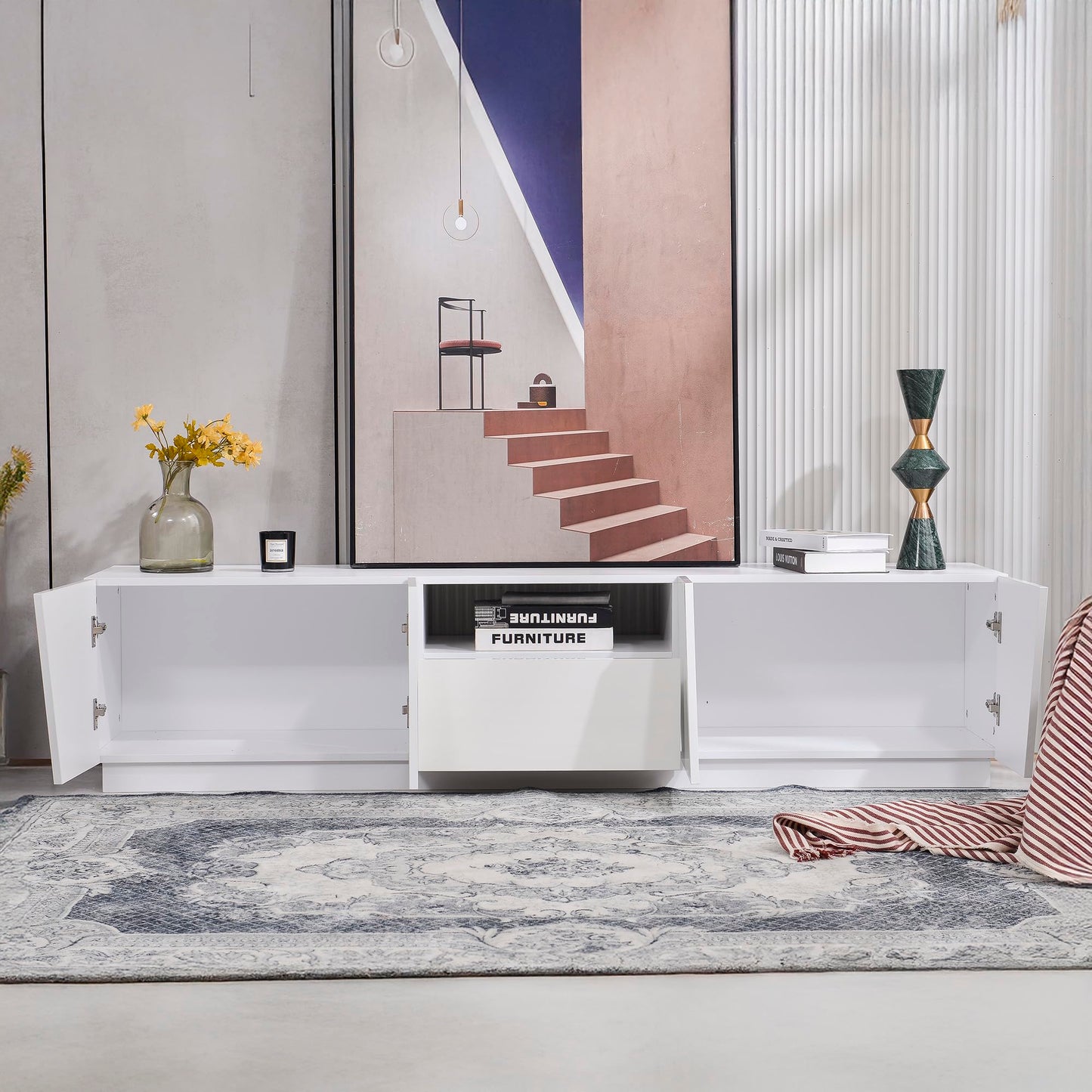 170 cm TV Cabinet with Textured Doors, TV Board with 4 Drawers, TV Cabinet with Oven Compartments, TV Cabinet for Living Room, TV Lowboard, Golden Handles and Feet, White