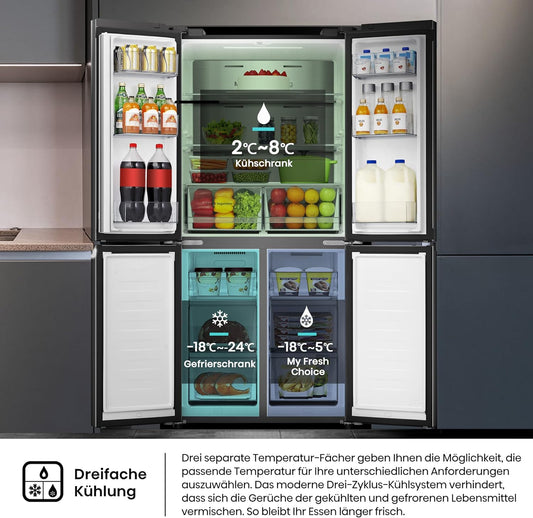 Hisense RQ5P470SAFD Cross-Door Fridge-Freezer, 304 Litre Fridge Compartment, 179 Litre Freezer, Total NoFrost, Wifi, Multi AirFlow, FastFreeze, Energy Efficiency Class D, 178.5 cm x 79.4 cm, Black