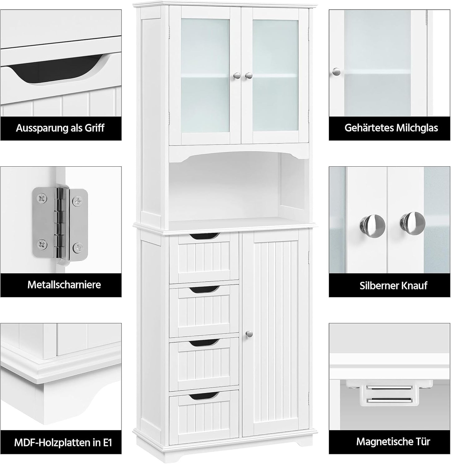 Yaheetech Tall Bathroom Cabinet, Kitchen Cabinet with Glass Doors and Storage Compartment, Storage Cabinet, Bathroom Chest of Drawers with 4 Drawers and Adjustable Shelf, 63 x 30 x 165.5 cm