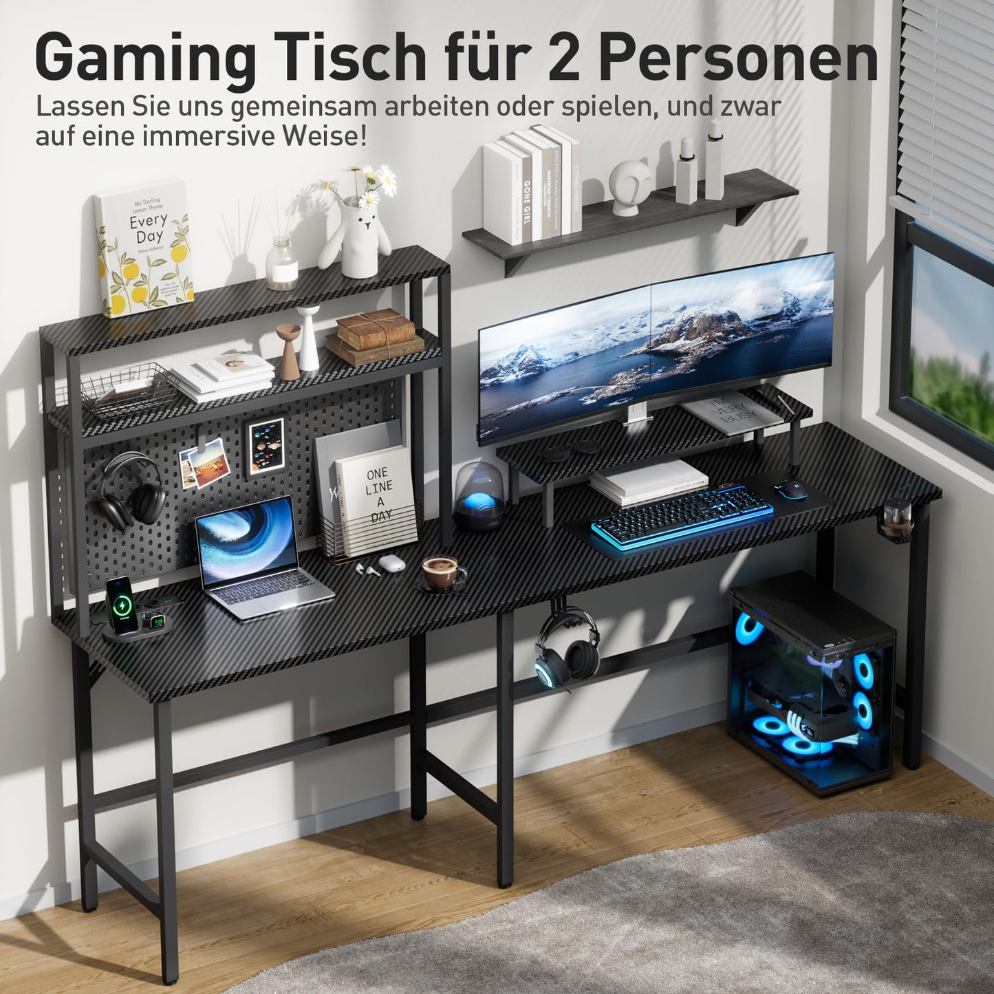 Gaming Table with LED, 150 x 100 cm Corner Desk with 3 Sockets and 2 USB, Reversible Gaming Desk L Shape, Computer Desk with Monitor Stand and Countertop Shelf, Carbon Fibre Black