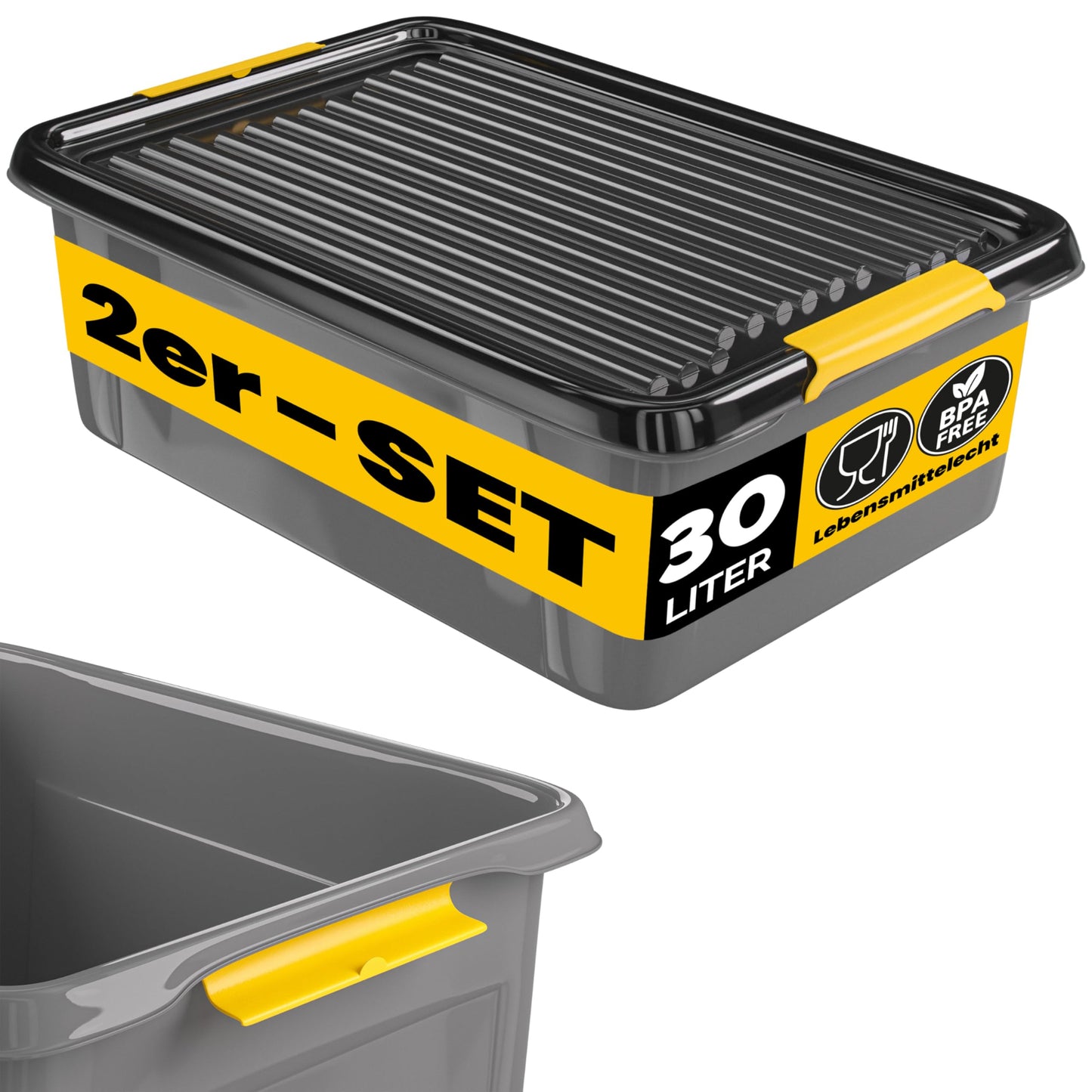 Monzana 4 x Storage Boxes 40 L with Lid 40 kg Load Capacity Plastic BPA Free Click Closure Stable Flexible Stackable Opaque Cellar Garage Box