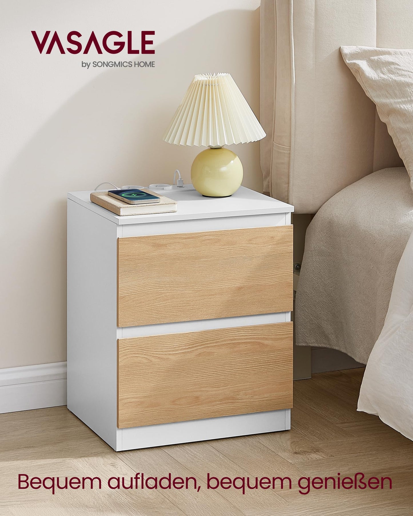 VASAGLE Kailyn Collection - Bedside Table with Power Strip, Set of 2, Side Table 2 Drawers, 2 AC Sockets, 2 USB-A Ports, for Bedroom, Cloud White LET821W02