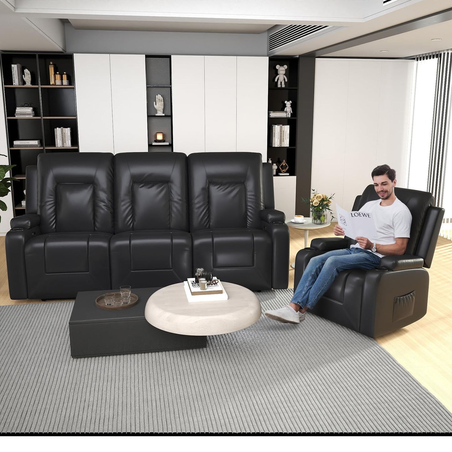 COMHOMA Relaxsessel-Set, Sofa, Sofa-Set aus Kunstleder, Fernsehsessel Ruhesessel Liegesessel mit Liege-Funktion Polstersessel Schlafsessel für Wohnzimmer Schlafzimmer Heimkino,Schwarz, 3+2+1