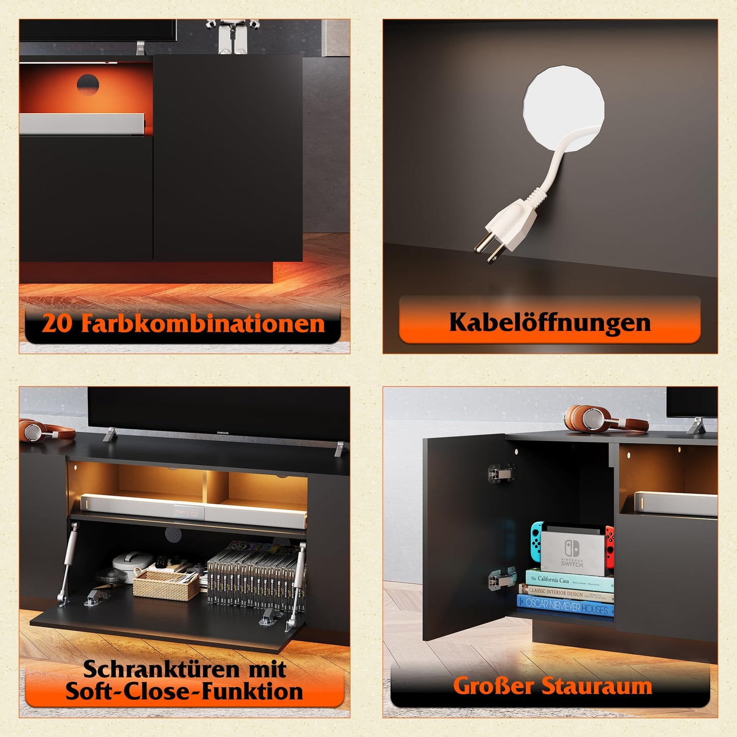 WLIVE TV Cabinet Black Lowboard High Gloss with 20 Colours LED Lighting, TV Board with Cabinets and 2 Open Surfaces, TV Table with Folding Door, 122 x 36 x 45 cm, Black