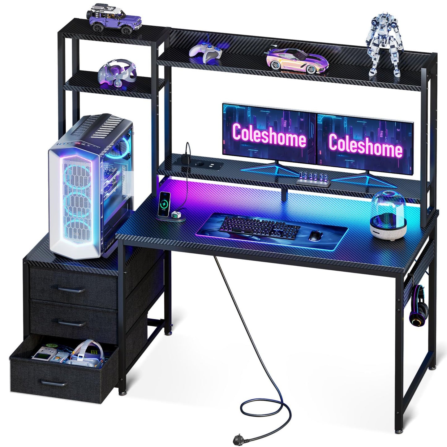 Coleshome Gaming Table with Shelf and Drawers, 137 x 48 cm Gaming Desk with LED Lighting and Socket, Computer Desk with Shelves and Monitor Stand, Carbon Fibre Black