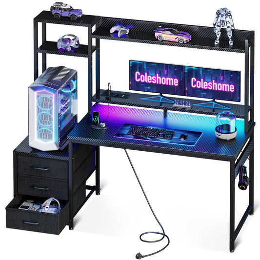 Coleshome Gaming Table with Shelf and Drawers, 137 x 48 cm Gaming Desk with LED Lighting and Socket, Computer Desk with Shelves and Monitor Stand, Carbon Fibre Black