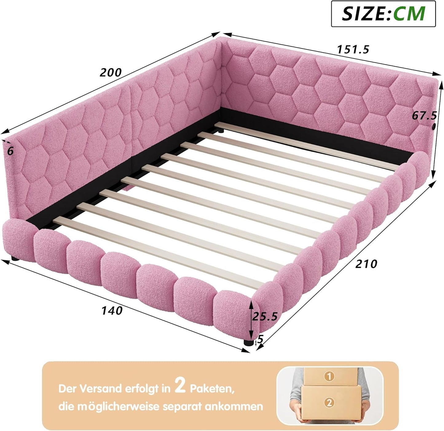 Upholstered Sofa Bed 140 x 200 cm, with Ambient Light and USB Connection, Children's Bed with Slatted Frame, Functional Bed, Teenager's Bed, Lambswool Material, Pink