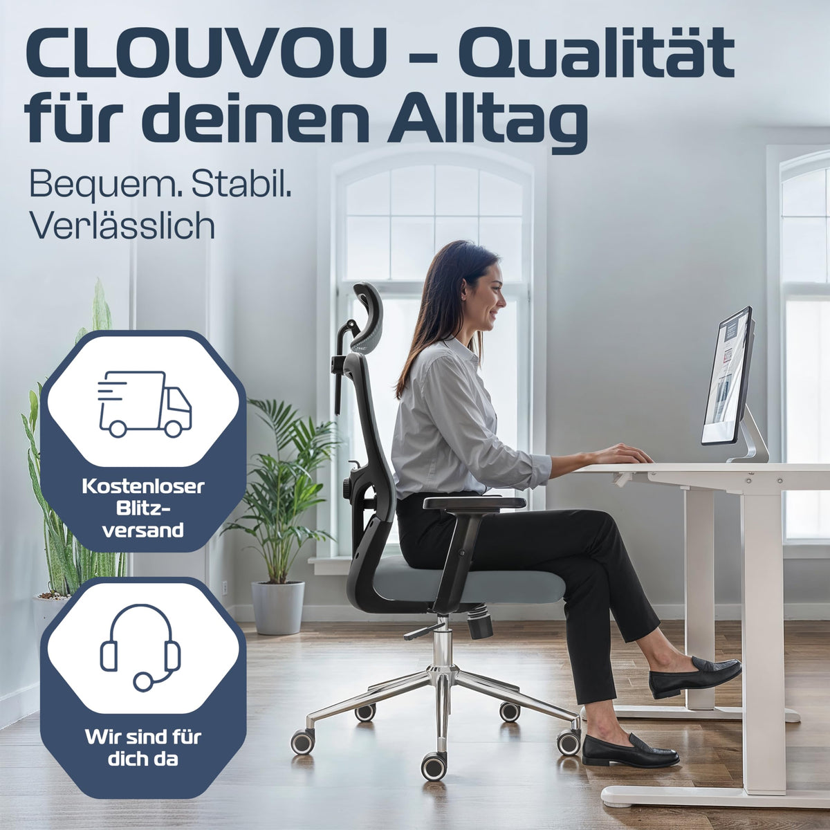 CLOUVOU BrightSeat Ergonomic Office Chair [Test Winner] Desk Chair 100% Individually Adjustable Office Chair & Gaming Chair Computer Chair Home Office Chair Ergonomic Swivel Chair 150 kg