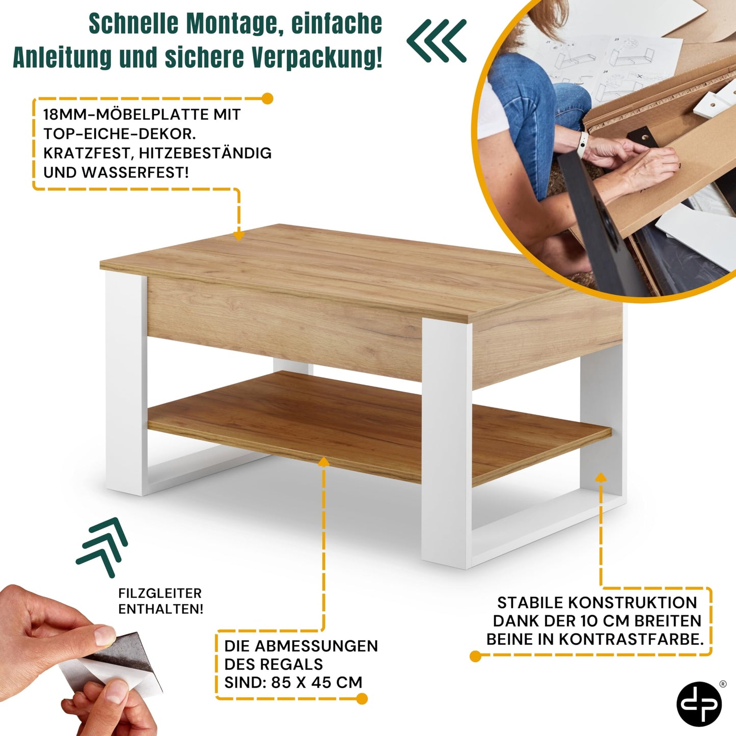 Coffee Table Height Adjustable with Storage Space Living Room Table Foldable Height-Adjustable Coffee Table Extendable Living Room Table Oak (White + Oak)