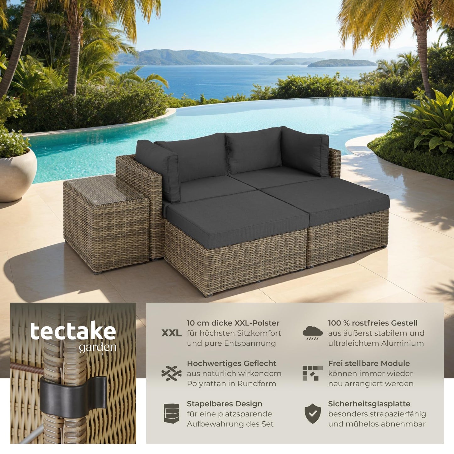 tectake® Luxus Rattan Lounge Set Outdoor, modulares Sofa mit Couch Tisch und Hocker, Balkon Möbel, Garten, Terrasse, Gartenmöbel Set wetterfest, Balkon Lounge, Gartenlounge - Natur